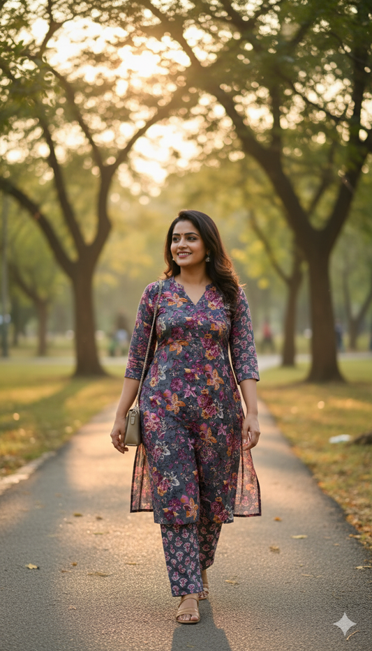 Grey Floral Kurta Pant