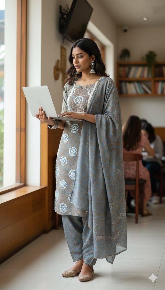 Grey Bandhini Cotton Salwar