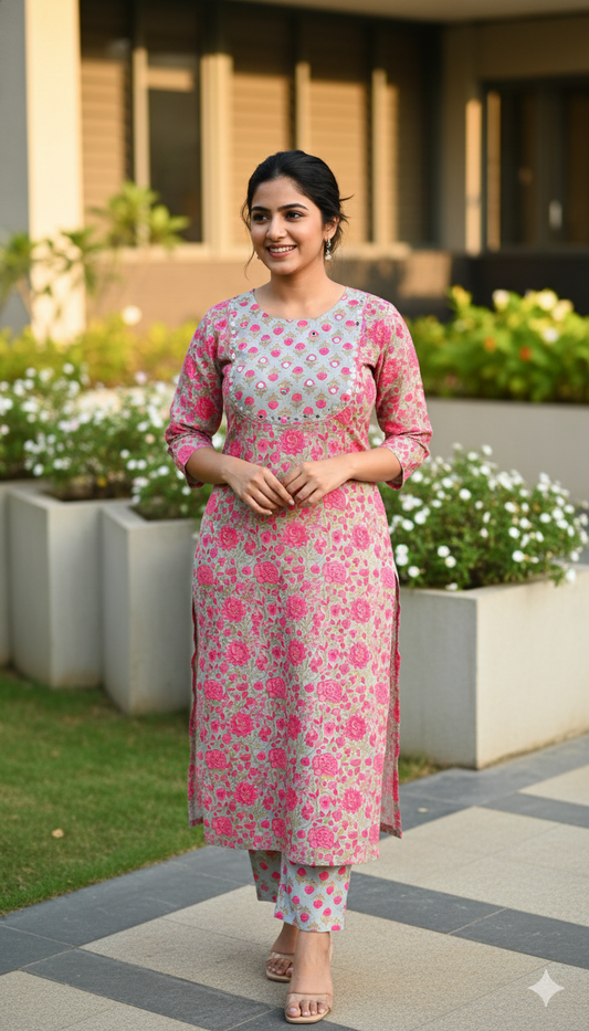 Grey Pink Blossom Cotton Kurta Pant