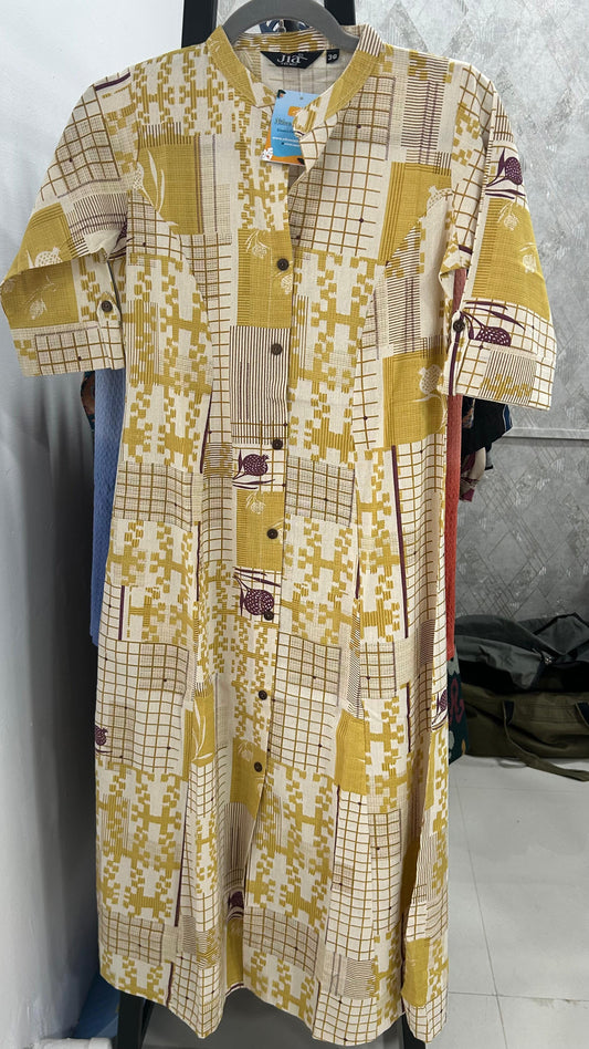 Yellow Abstract Cotton Flex Kurti