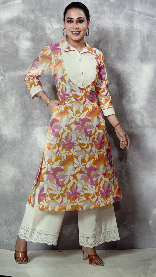 Beige Orange kurta pant