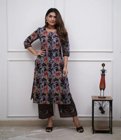 Navy Blue Red Kurta Palazzo