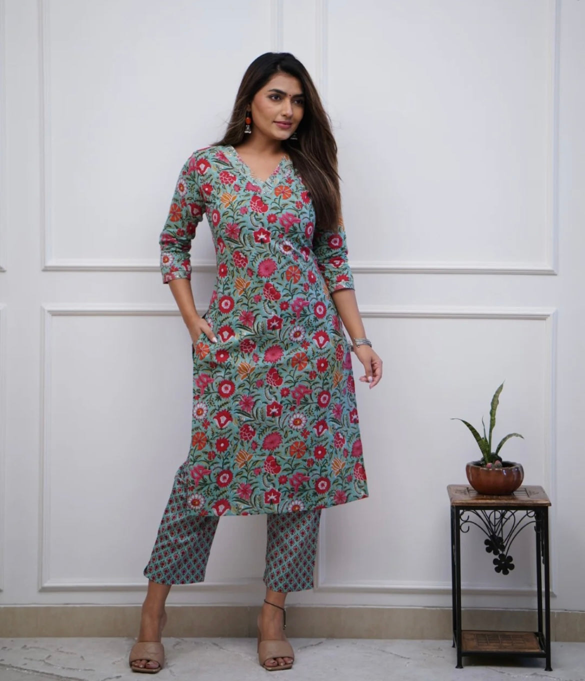 Blue Floral Cotton Kurta Pant