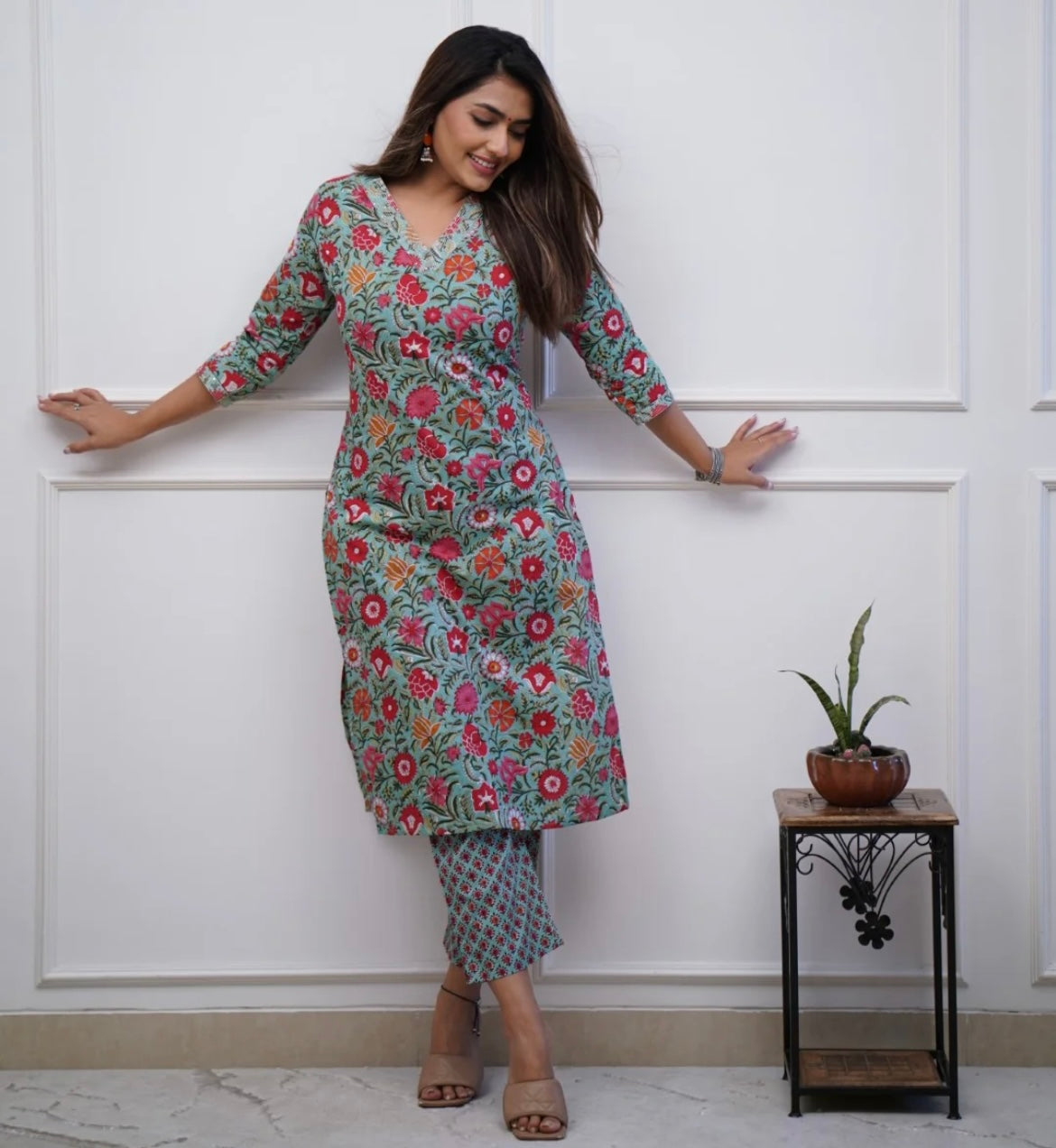 Blue Floral Cotton Kurta Pant