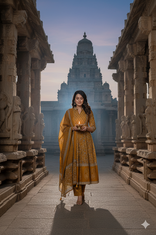 Mustard Cotton Anarkali Salwar