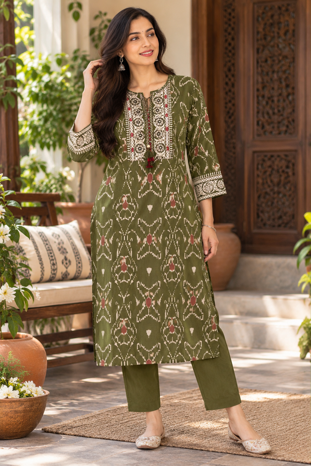 Olive Ikat Cotton Kurta Pant