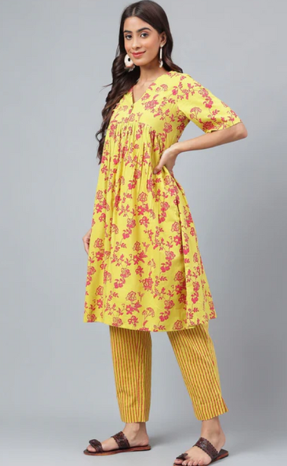 Chartreuse Yellow and Rosered Kurta Pant