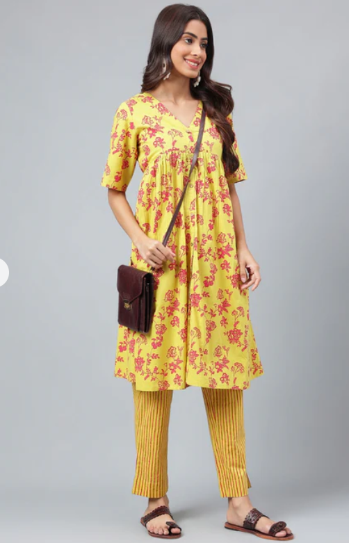 Chartreuse Yellow and Rosered Kurta Pant