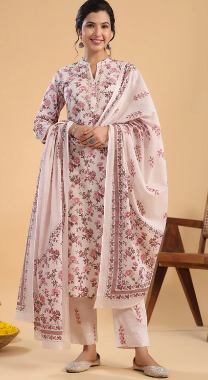 Beige Peach Floral Cotton Salwar