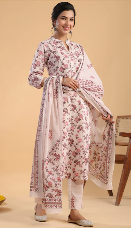 Beige Peach Floral Cotton Salwar