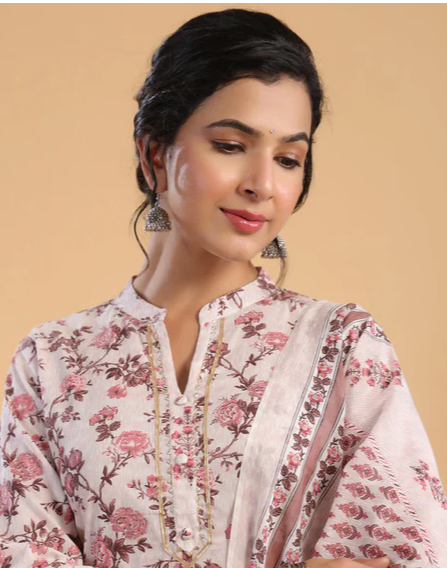 Beige Peach Floral Cotton Salwar