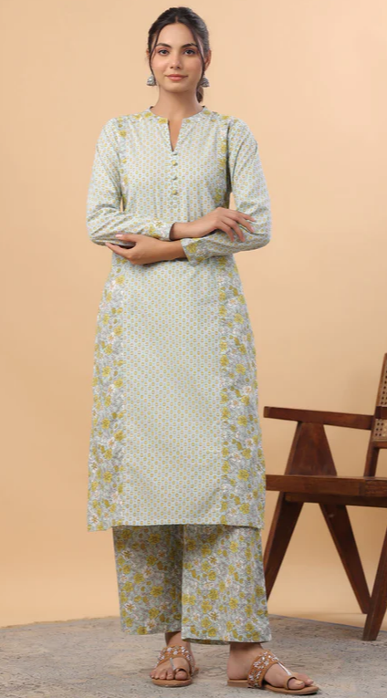 Cream- Sage green Paneled Kurta Pant