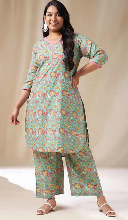 Teal Floral Kurta Pant