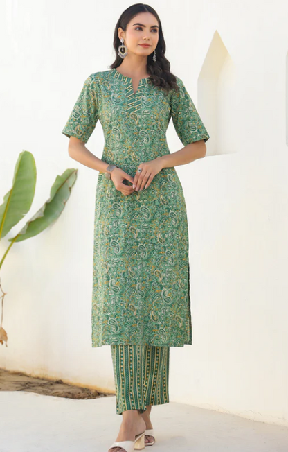 Green Cotton Paisley Kurta Pant