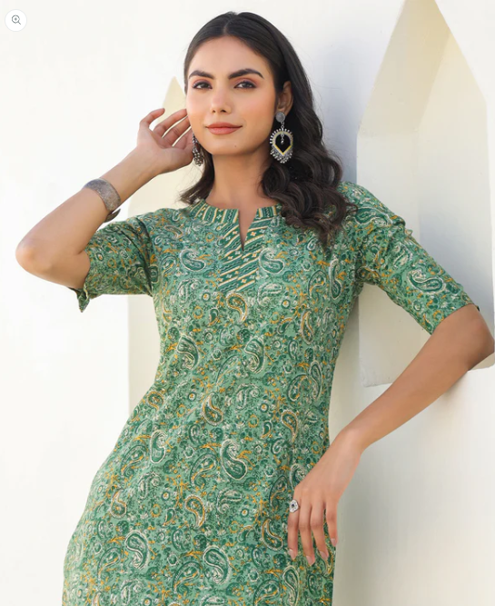 Green Cotton Paisley Kurta Pant