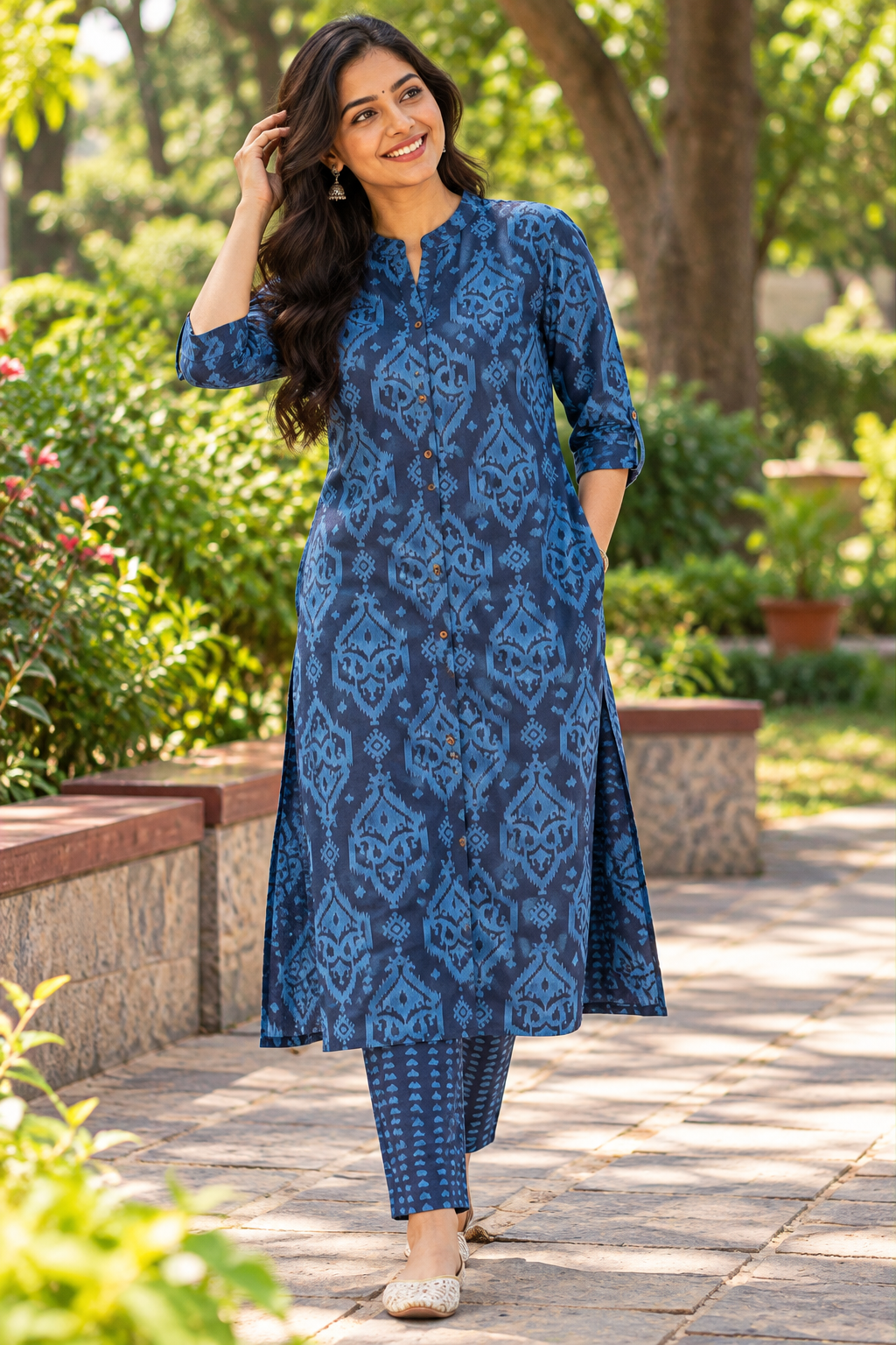 Indigo Bloom Mul Cotton A-Line Kurta Set