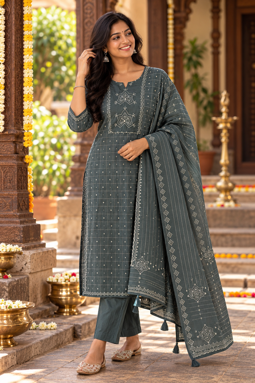 Teal Charcoal Cotton Embroidered Salwar