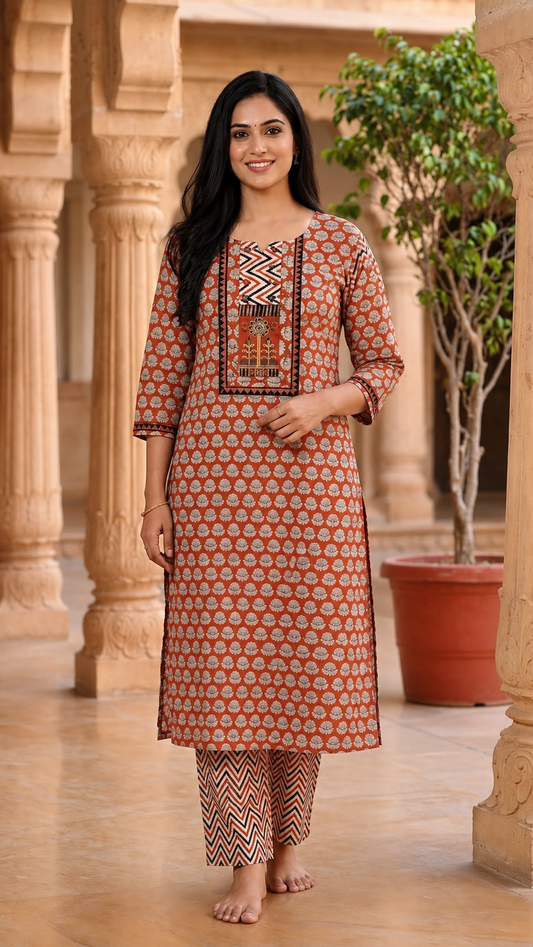 Terracotta Bloom Cotton Printed Kurta Pant Set