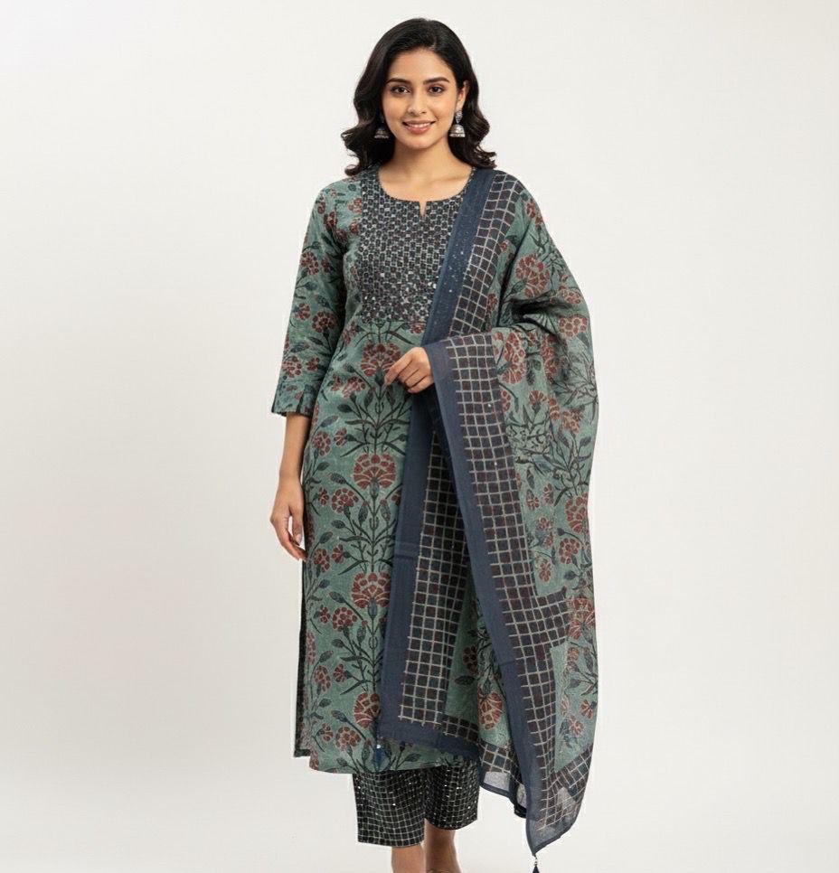 Teal Floral Block Print Cotton Salwar