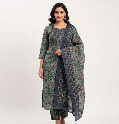 Teal Floral Block Print Cotton Salwar