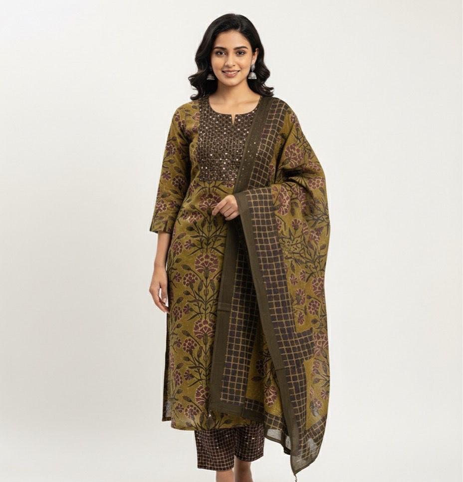 Olive Green Floral Cotton Suit