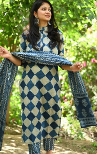 Indigo Blue and Off-White Hand-Block Printed Salwar Set