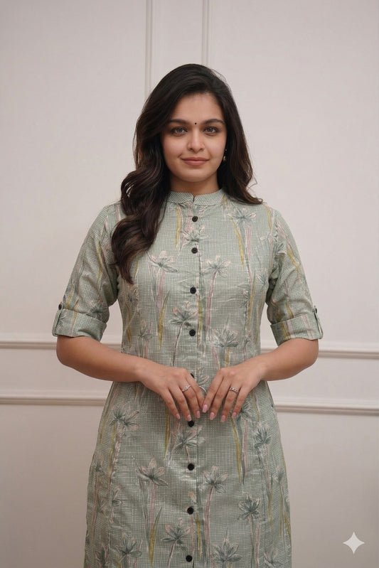 Sage Palm Cotton Kurta Pant Set