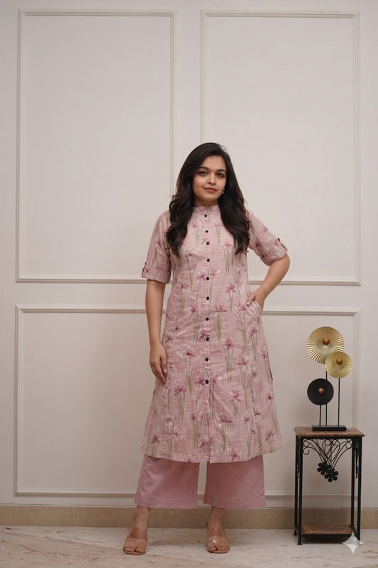 Blush Palm Cotton Kurta Pant Set