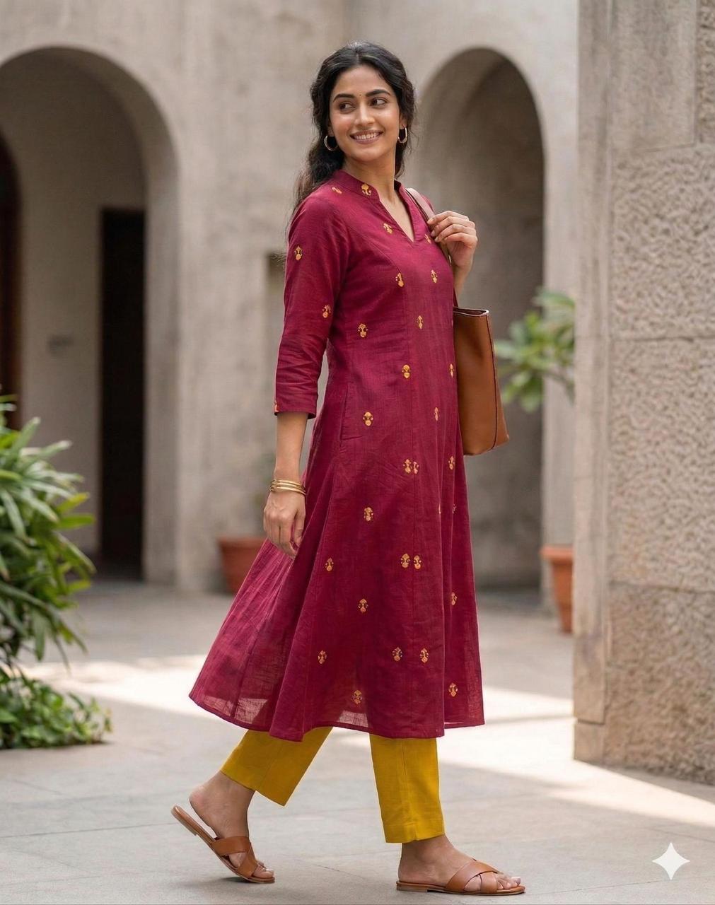 Maroon Handloom A-Line Kurta Set