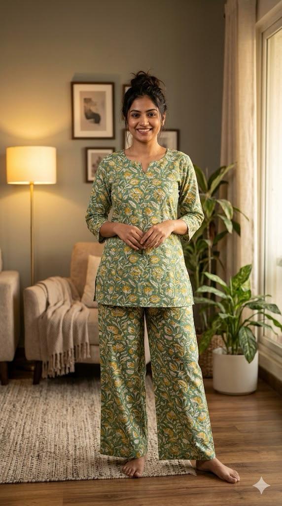Sage Blossom Cotton Night Lounge Set
