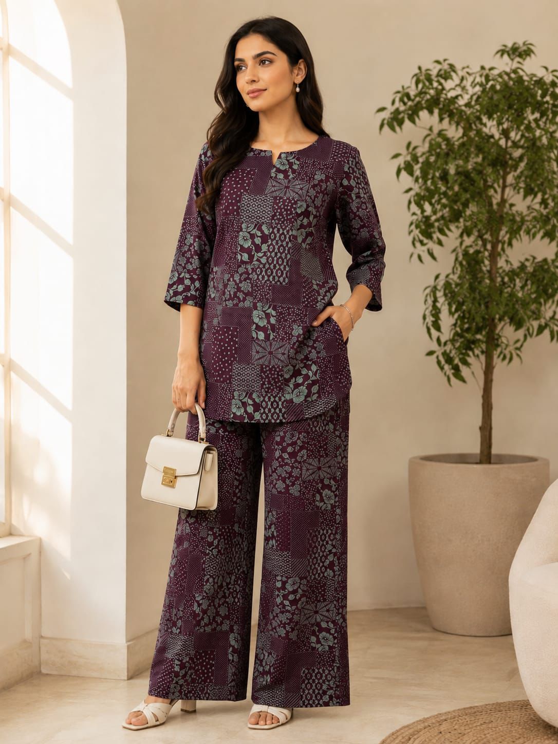 Wine Abstract Cotton Night Suit