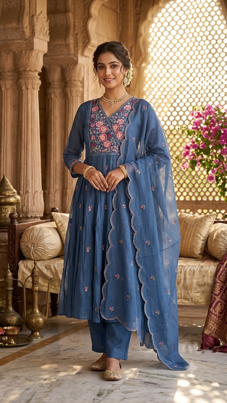 Royal Blue Mul Chanderi  Anarkali Salwar