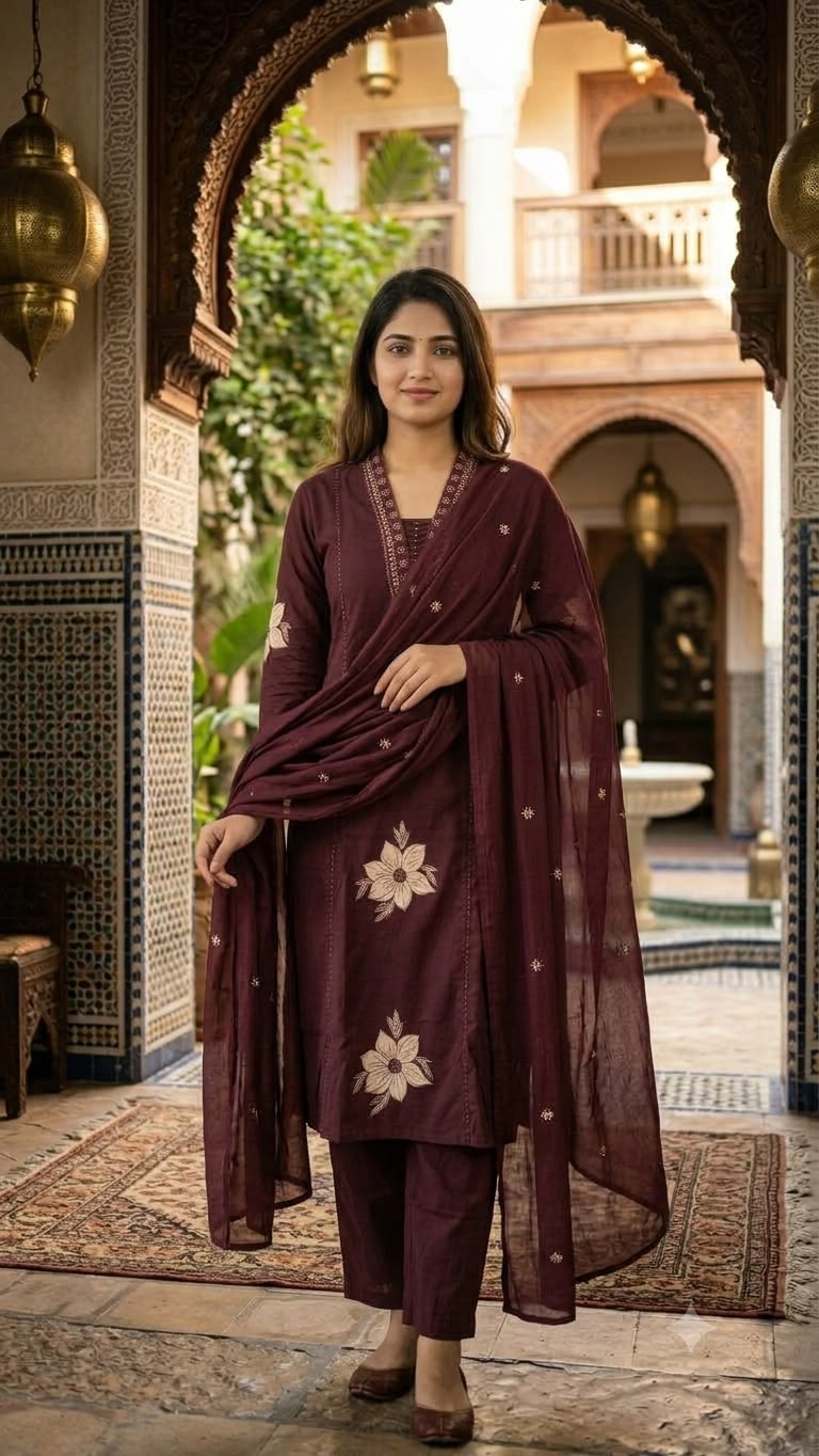 Burgundy Floral Embroidered Cotton Salwar