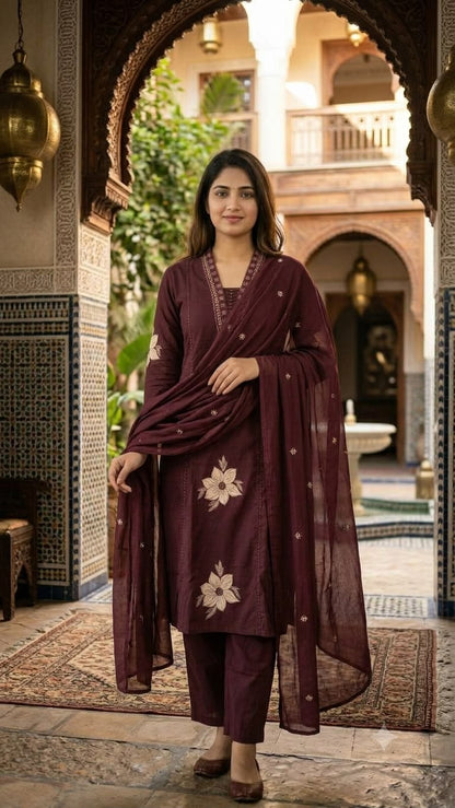 Burgundy Floral Embroidered Cotton Salwar