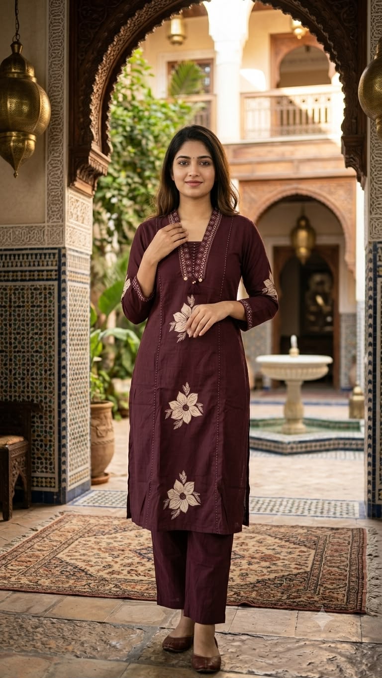 Burgundy Floral Embroidered Cotton Salwar