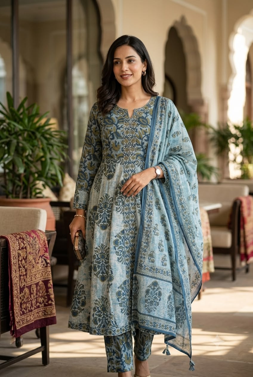 Sky Blue Pure Cotton Printed Anarkali Salwar