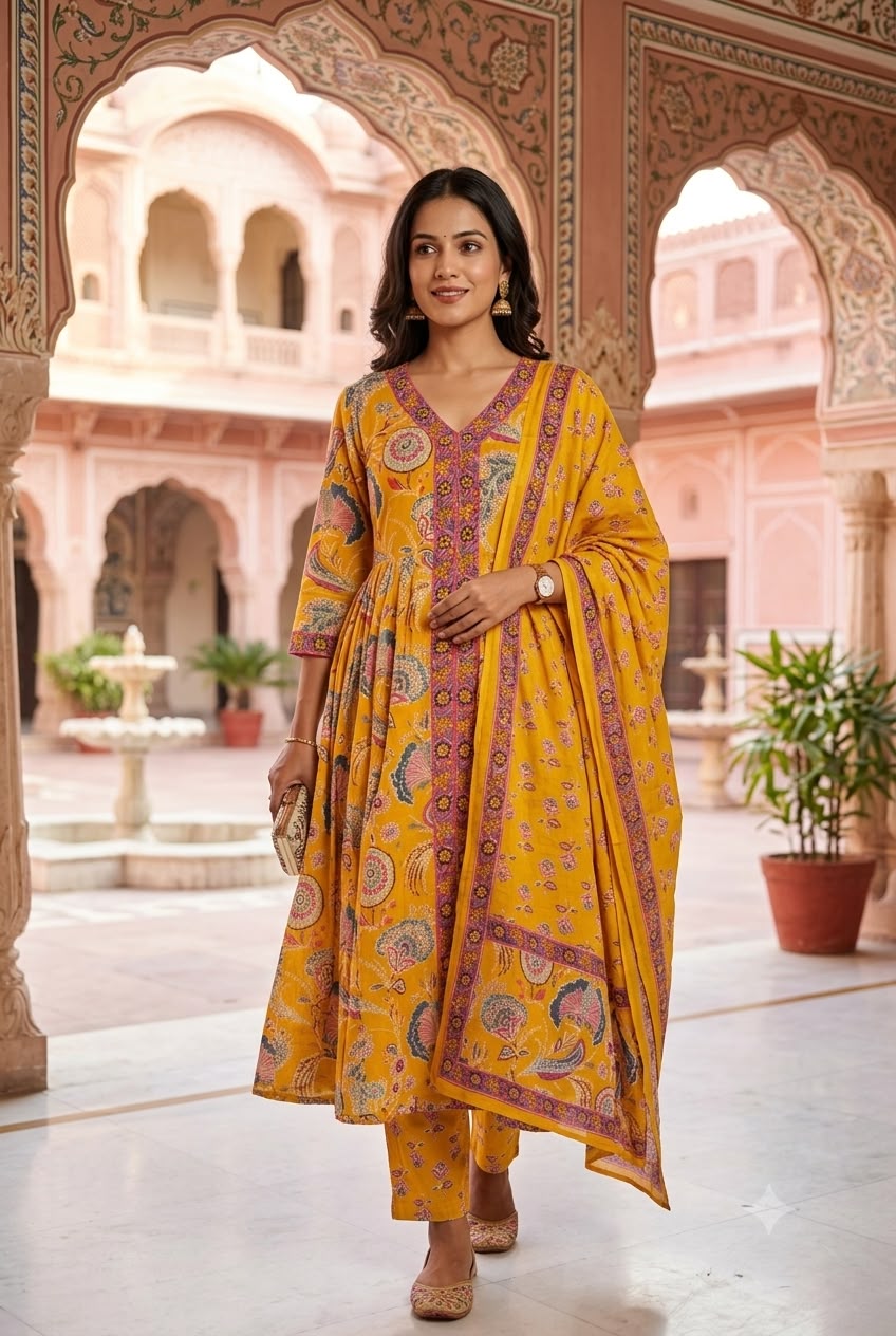 Mustard Yellow Pure Cotton Printed Anarkali Salwar