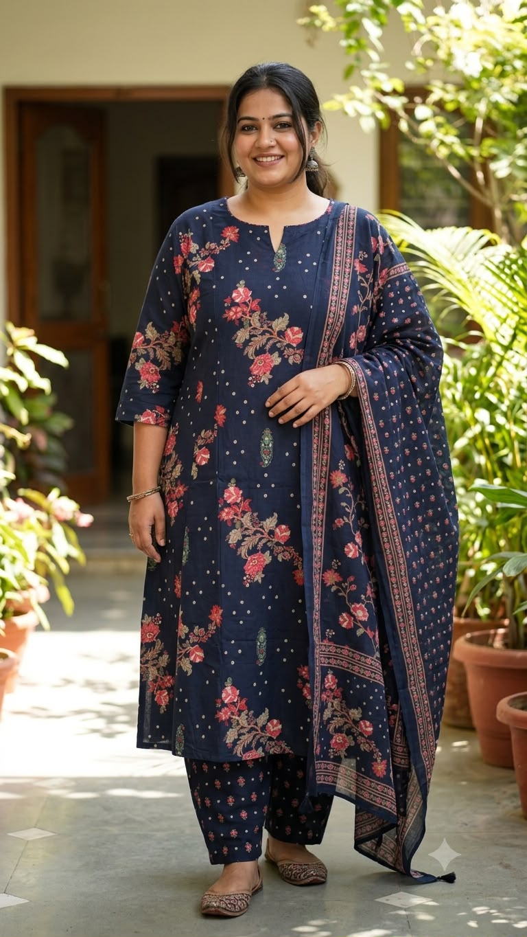 Navy Blue Bloom – Plus Size A-Line Salwar