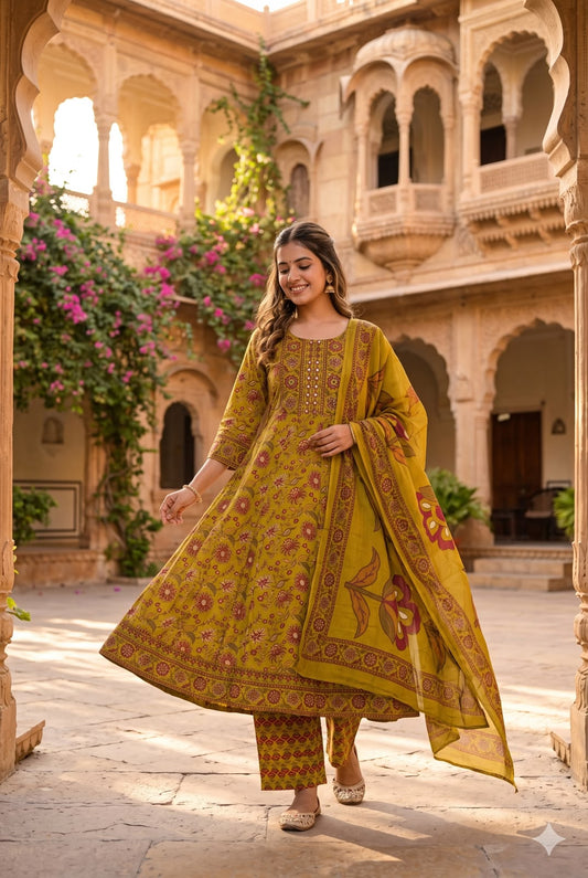 Mustard Yellow Floral Printed Anarkali Salwar