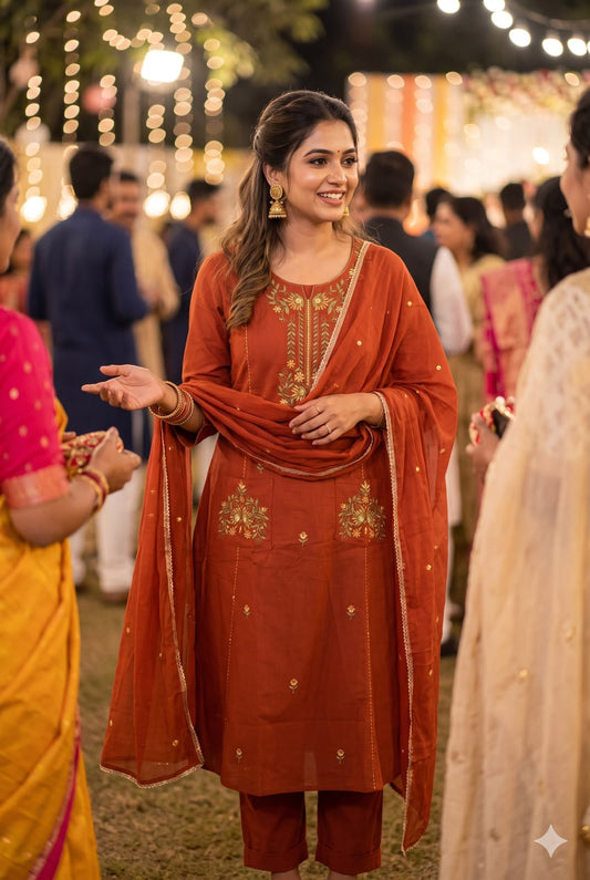 Rust Orange Embroidered Cotton Flex A-Line Salwar