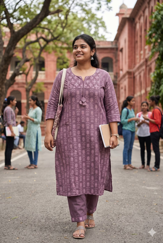 Mauve Cotton Slub A-Line Plus size Kurta Pant