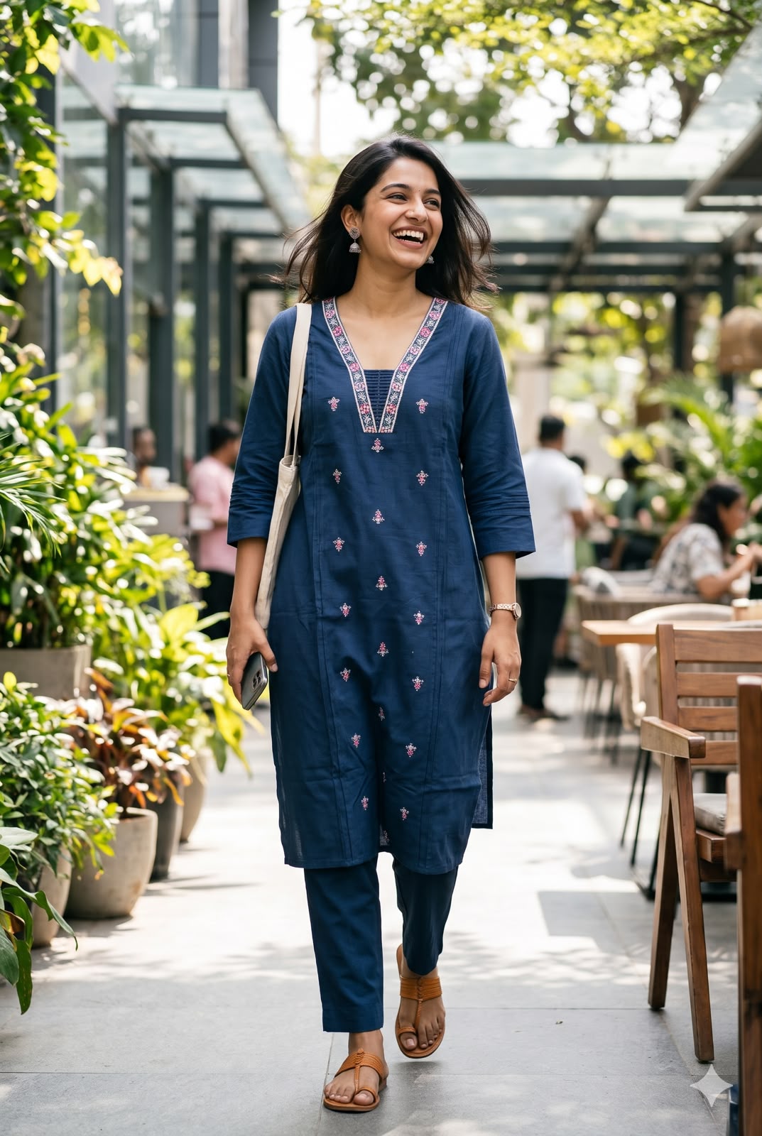 Navy Blue Embroidered Cotton Kurta Pant