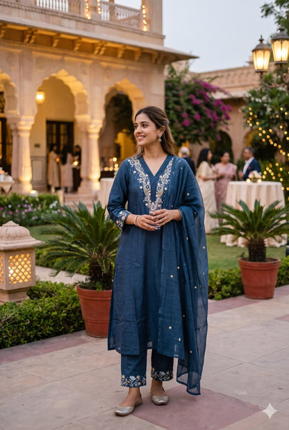 Midnight Blue Soft Chanderi Silk Embroidered Salwar