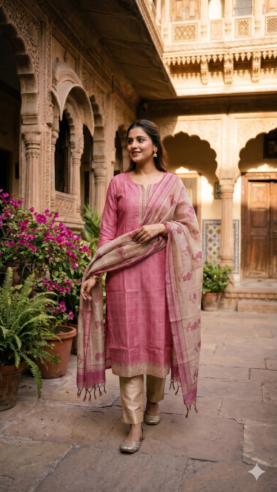 Rose Pink Chanderi Silk Kurta with Printed Dupatta
