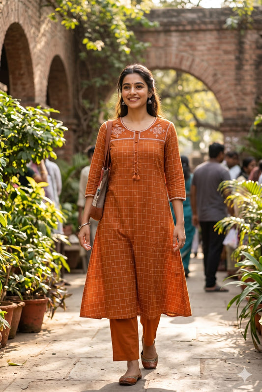 Rust Orange A-Line Cotton Kurta Pant Set
