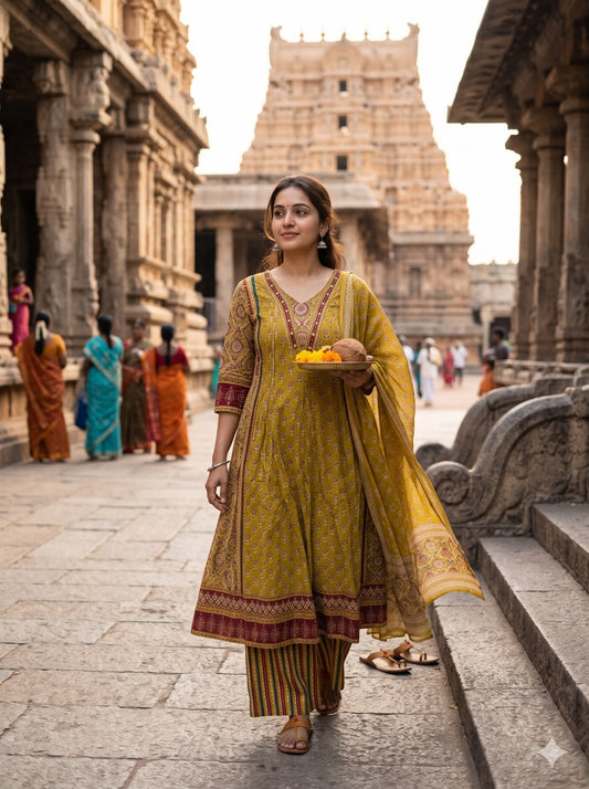 Mustard Yellow Printed Ethnic Anarkali Plus Size Salwar