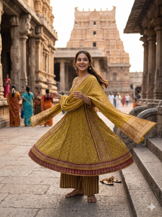 Mustard Yellow Printed Ethnic Anarkali Salwar