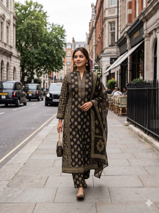 Chocolate Brown & Antique Gold Printed Aline Salwar