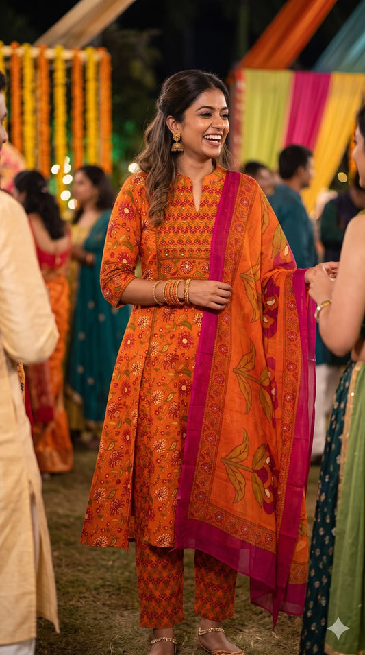 Rust Orange Floral Cotton A-Line Salwar