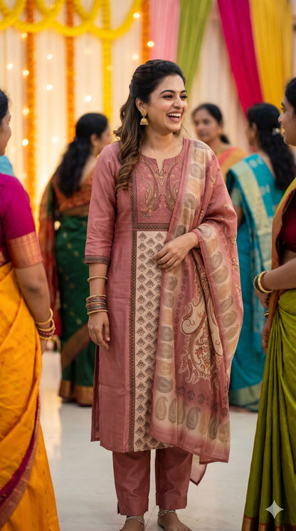 Rosewood Elegance Printed Silk-Blend Salwar